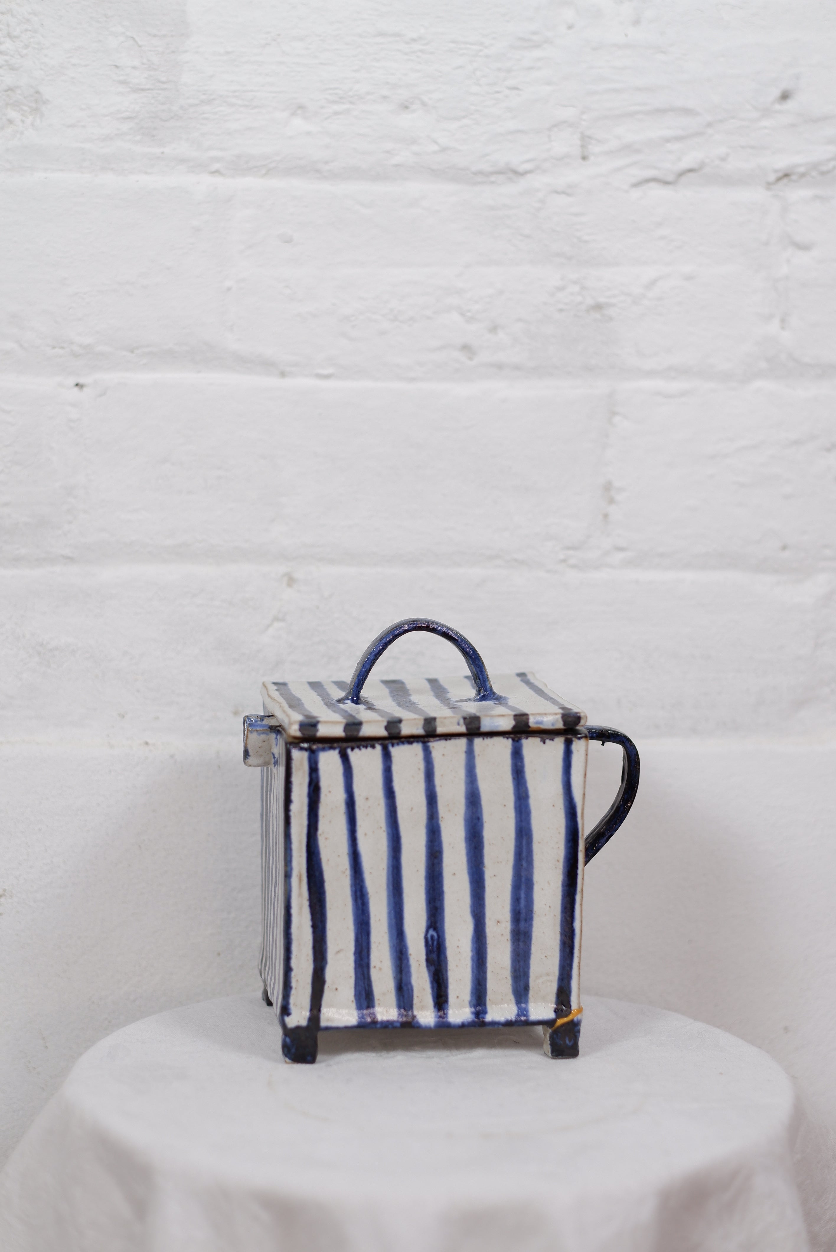 Two small milk pitchers with blue & white stripes - Martres